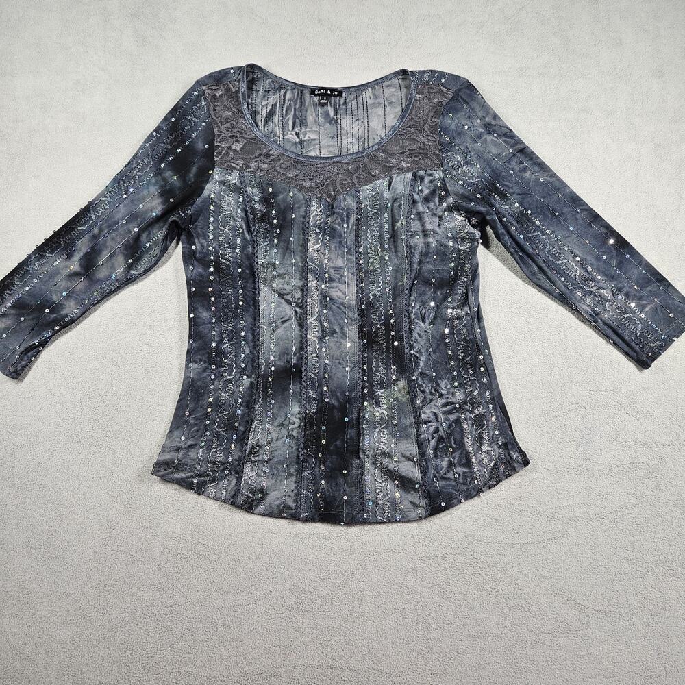 Y2K Sami & Jo Blouse Small Gray Witchy Whimsigoth Sequin Embellished Tie Dye